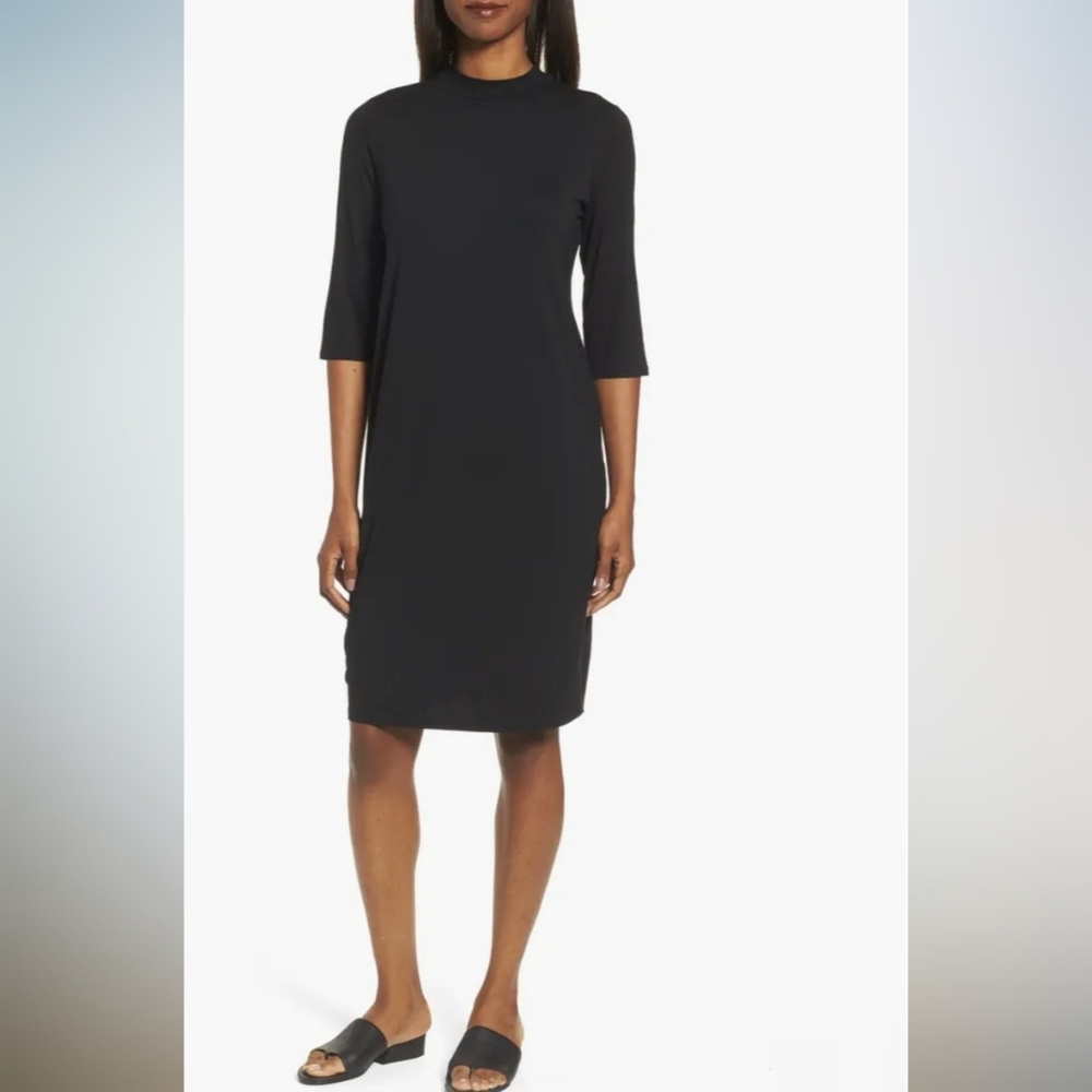 Eileen Fisher Women's Mock Neck Long Sleeve Knee Length Tunic Dress Black S/P